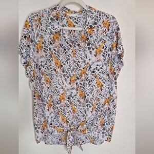 Jane and Delancey Giraffe Animal Print Blouse in Black, White & Orange - Size L